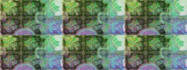 Renkli desenli, yeşil çiçekli ve dekoratif elementli kusursuz desen. Eski usul. Kusursuz bir geçmişi var. Raster illüstrasyonu. Kumaş, tekstil ve duvar kağıdı baskısı için..