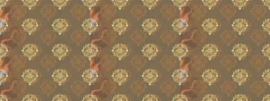 Damask altın soyut çiçek deseni kahverengi, bej ve turuncu renklerde. Süslü dekorasyon. Raster illüstrasyonu.