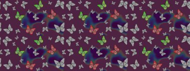 Robot resim. Kağıt, kumaş ve ambalaj için uygun. Raster illüstrasyonu. Kahverengi arka planda renkli kelebek koleksiyonu. Kart, baskı ve davetiye için basit kadınsı desen.