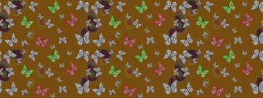 Raster Kelebekleri deseni. Tropikal kelebeklerle kahverengi renkli resimler. Soyut eskiz arka planı. Duvar kağıtları, web sayfası arkaplanları, yüzey dokuları, tekstil için mükemmel..