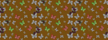 Raster illüstrasyonu. Renkli kelebeklerin eskiz geçmişi. Giysi tasarımı için kahverengi arkaplanda dekor.