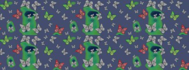 Kelebek desenli güzel çizim tasarımı. Ambalajlar, duvar kağıtları, kumaş tasarımı ve kağıt için hoş bir arkaplan. Mavi renkli resimler.