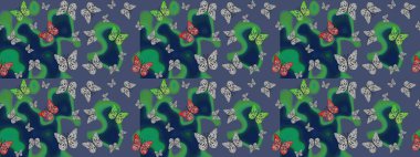 Raster illüstrasyonu. Mavi arka planda renkli kelebek koleksiyonu. Kart, baskı ve davetiye için basit kadınsı bir model. Robot resim. Kağıt, kumaş ve ambalaj için uygun.