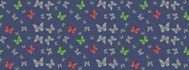 Kelebekli çizim şekli. Elle çizilmiş illüstrasyon. Bahar ve yaz tasarımı için renkli bir arkaplan. Raster renklendirilmiş sonsuz doku.