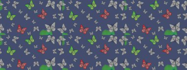 Kelebek gölgeleri ve siluetler. Bahar ve yaz tropikal kelebek çizim deseni mavi renklerde. Raster illüstrasyonu. Kumaş, kağıt, ambalaj için uygun.