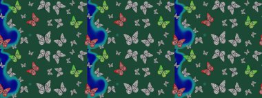 Web sayfası geçmişleri, duvar kağıtları, tekstil ve yüzey dokuları için mükemmel. Şirin Raster çizimi. Kelebekler yeşil renkte çizim yapar.