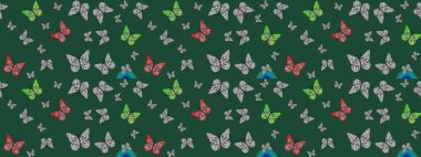 Yeşile kelebek desenli kontrastlı çizim. Uçan kelebek keten temalı Raster çizimi. Davetiye, kart ve parmak izi için basit kadınsı bir model. Giysiler için böcek kumaşı klipsleri tekrarlanıyor.