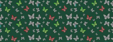 Raster. Çocuk kelebek çizim kalıbı. Kağıt, kumaş, ambalaj kağıdı ve duvar kâğıdı tasarımı için hoş bir arkaplan. Yeşil renkte sanat kelebekleri.