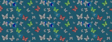 Robot resim. Mavi renkli resimler. Kelebek desenli güzel çizim tasarımı. Ambalaj kağıtları ve duvar kağıtları için sevimli bir arkaplan, kumaş tasarımı, kağıt.