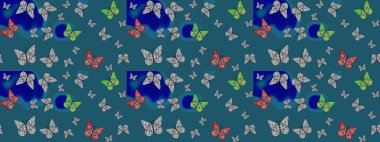 Kumaş, tekstil, baskı ve davetiye. Robot resim. Raster illüstrasyonu. Mavi soyut arka planda gece kelebekleri.
