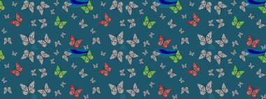 Raster. Kıyafetler, erkekler, kızlar ve duvar kağıtları için soyut çizim kalıbı. Elle çizilmiş illüstrasyon. Renkli kelebeklerin güzel arka planı.