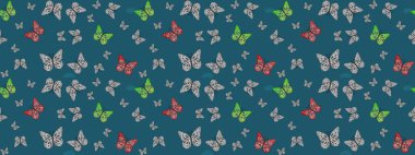 El çizimi, suluboya desenli kelebeklerin çizimi. Mavi renkli illüstrasyon. Raster illüstrasyonu. Klasik tarzda..