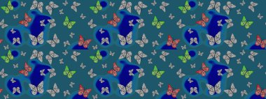 Duvar kağıtları, web sayfası geçmişi, yüzey dokuları, tekstil için mükemmel. Mavi renklerle ilgili çiçek desenli eskiz. Resimlerde tropik kelebekler görülür. Raster..