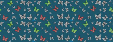 Kağıt, kumaş, ambalaj kağıdı ve duvar kâğıdı tasarımı için hoş bir arkaplan. El çizimi kelebekli moda raster yaz deseni. Raster illüstrasyonu. Çizim deseni.