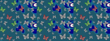 Kıyafetler, erkekler, kızlar ve duvar kağıtları için soyut çizim kalıbı. Mavi kelebek çizimi. Raster illüstrasyonu. Fantezi sevimli illüstrasyon. Güzel suluboya kelebekler.