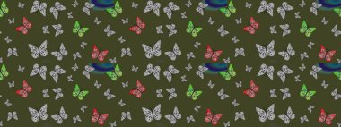 Yeşil soyut arka planda gece kelebekleri. Raster illüstrasyonu. Kumaş, tekstil, baskı ve davetiye. Çizim.