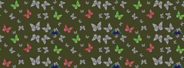 Suluboya soyut parlak desenli kelebek kanatları, retro renkler. Yeşil renkli resimler. Kumaş, tekstil, baskı ve davet için arkaplan.