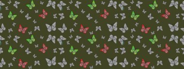 Renkli kelebeklerin eskiz geçmişi. Giysi tasarımı için yeşil arka planda dekorasyon. Raster illüstrasyonu.
