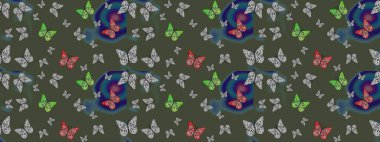 Kitap sayfaları için çiçek ormanlarında uçan güzel kelebekler. Raster illüstrasyonu. Yeşil renkli resimler. Renk çizimi kalıbı. Fantezi güzel illüstrasyon.