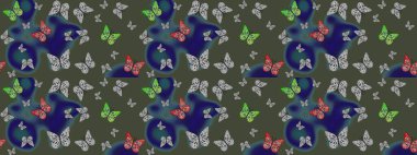 Renkli kelebeklerin eskiz geçmişi. Raster illüstrasyonu. Albüm için resim. Yeşil renkte sanat kelebekleri.