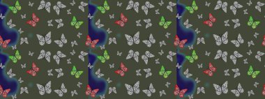 Moda Kumaşı Tasarımı. Kelebek deseni. Yeşil renklerin çizimi. Soyut eskiz arka planı. Raster..