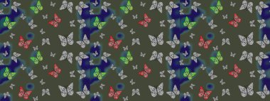 Raster illüstrasyonu. Eskiz kalıbı arka planı. Yüzey dokuları, duvar kağıtları, web sayfası geçmişi, tekstil için mükemmel. Yeşil renkli resimler. Renkli sevimli kelebek.