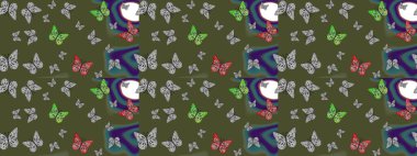 Moda Kumaşı Tasarımı. Yeşil renkli resim. Kelebekli parlak eskiz deseni. Raster illüstrasyonu.