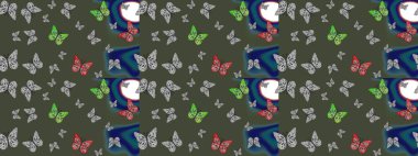 Raster illüstrasyonu. Eskiz kalıbı arka planı. Yeşil renkte soyut sevimli kelebek. Basit bir şekilde.