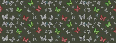 Moda sevimli kumaş tasarımı. Yeşil arka planda güzel renkli kelebeklerin Raster vintage el çizimi. Raster illüstrasyonu.