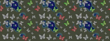 Tekstil baskısı için ekose kelebek. Yeşil renklerin çizimi. Çizim kalıbı. Raster illüstrasyonu. Karala, karala, karala.