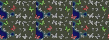 Raster illüstrasyonu. Yeşil arka planda kelebek desenli çizim. Kumaş, kağıt, ambalaj kağıdı ve duvar kağıdı tasarımı için sevimli bir arkaplan.