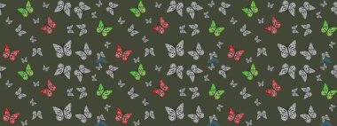 Tropikal temalı kelebek deseni. Yeşil renkli şirin kelebek çizimi. Tekstil, duvar kâğıtları, web sayfası arkaplanları ve yüzey dokuları için mükemmel. Raster illüstrasyonu.