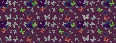 Paketleme, kağıt ve kumaş için uygun. Kelebekli renkli folklor deseni. Kahverengi arka planda renkli kelebekler.