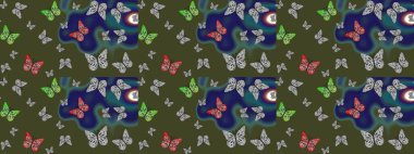 Kumaş, tekstil, baskı ve davetiye örnekleri. Robot resim. Raster. Yeşil arka planda bir resim. Kelebek deseni.