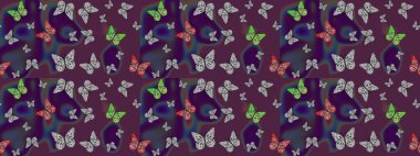 Bahar ve yaz tasarımı için renkli bir arkaplan. Kelebekli çizim şekli. Raster renkli sonsuz doku. El çizimi illüstrasyon.