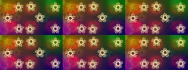 Raster illüstrasyon kar taneleri. Kışın sembolü. Kahverengi, yeşil ve mor renkli suluboya kar taneleri. Güzel dekorasyon.