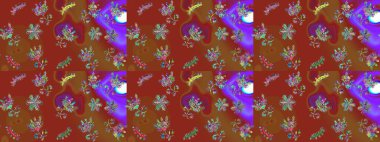 Kış kar tanesi, raster arka plan. Renkli arka planda izole kar taneleri. Yüzey için tekrarlanan doku, ambalaj kağıdı, kahverengi, kırmızı ve mor renkler. Raster illüstrasyonu.