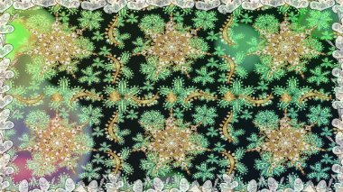 Gri renkli ve altın elementli altın desenli. Kusursuz desenli oryantal süs. Raster altın tekstil baskısı. Çiçek kiremitleri. İslam tasarımı.