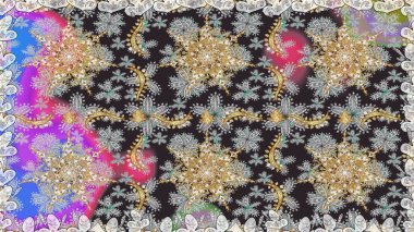 Raster illüstrasyonu. Doğum günü kartı, davetiye ya da afiş için iyidir. Gri renklerde altın. Kusursuz ortaçağ çiçek deseni. Dekoratif simetri arabesk.