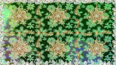 Yeşil renklerde, altın elementli, pürüzsüz bir desen. Şam tasarım için kusursuz desen.