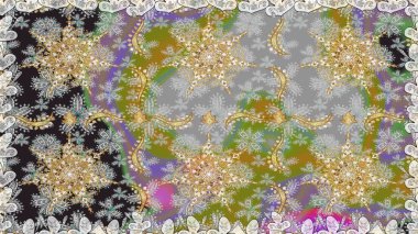 El yapımı dekoratif çerçeve, albüm kapağı, tebrik kartı, klasik Art deco tarzı. Raster soyut çiçek çelengi altın karalama fantezi yaprakları ve gri renkli çiçekler.
