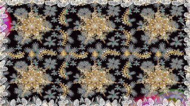 Dekoratif simetri arabesk. Doğum günü kartı, davetiye ya da afiş için iyidir. Kusursuz ortaçağ çiçek deseni. Raster illüstrasyonu. Gri renklerde altın.