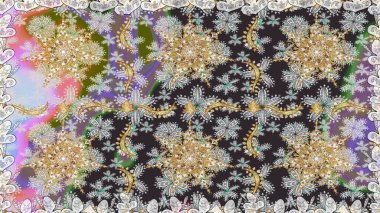 Kusursuz damaske klasik altın desen. Raster illüstrasyonu. Tekrarlayan elementlerle soyut arkaplan oluşturun. Gri renklerde altın desenli altın elementler.