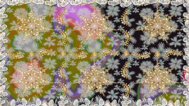 Altın çiçekli, pürüzsüz desen. Gri renklerdeki altın element. Damask arkaplanı. Barok tarzında altın çiçekli süs..