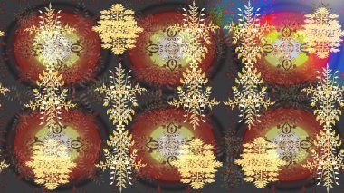 Yüzey için tekrarlanan doku, ambalaj kağıdı, kahverengi, gri ve sarı renkte kar tanesi. Kış kar taneleri, raster arka plan.