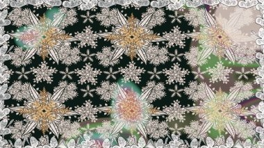 Raster illüstrasyonu. Renkli desenli, gri çiçekli ve dekoratif elementli kusursuz desen. Kumaş, tekstil, duvar kağıdı baskısı için. Kusursuz bir geçmişi var. Antika retro tarzı.