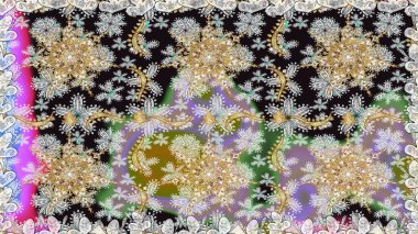 Kusursuz kraliyet lüksü, altın barok kumaş rengi. Altın antika ortaçağ dekoratifi, yapraklar ve gri renkli altın desenli süslemelerle pürüzsüz bir desen..