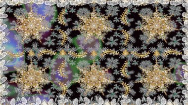 Damask arkaplanı tekerrür ediyor. Gri renklerdeki altın element. Antika altın tekrarlanabilir duvar kağıdı. Barok tarzında altın çiçek süsü..