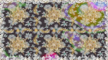 Gri renkli geleneksel Arapça dekor. Duvar kâğıdı için altın süslü bir illüstrasyon. Çiçekli süslemeli, pürüzsüz bir desen. Doğu tarzında klasik tasarım öğesi. Süslü dantel iz sürücü.