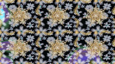 Kusursuz desenli oryantal süs. Raster altın tekstil baskısı. Çiçek kiremitleri. Altın elementlerle siyah renklerde altın desen. İslam tasarımı.